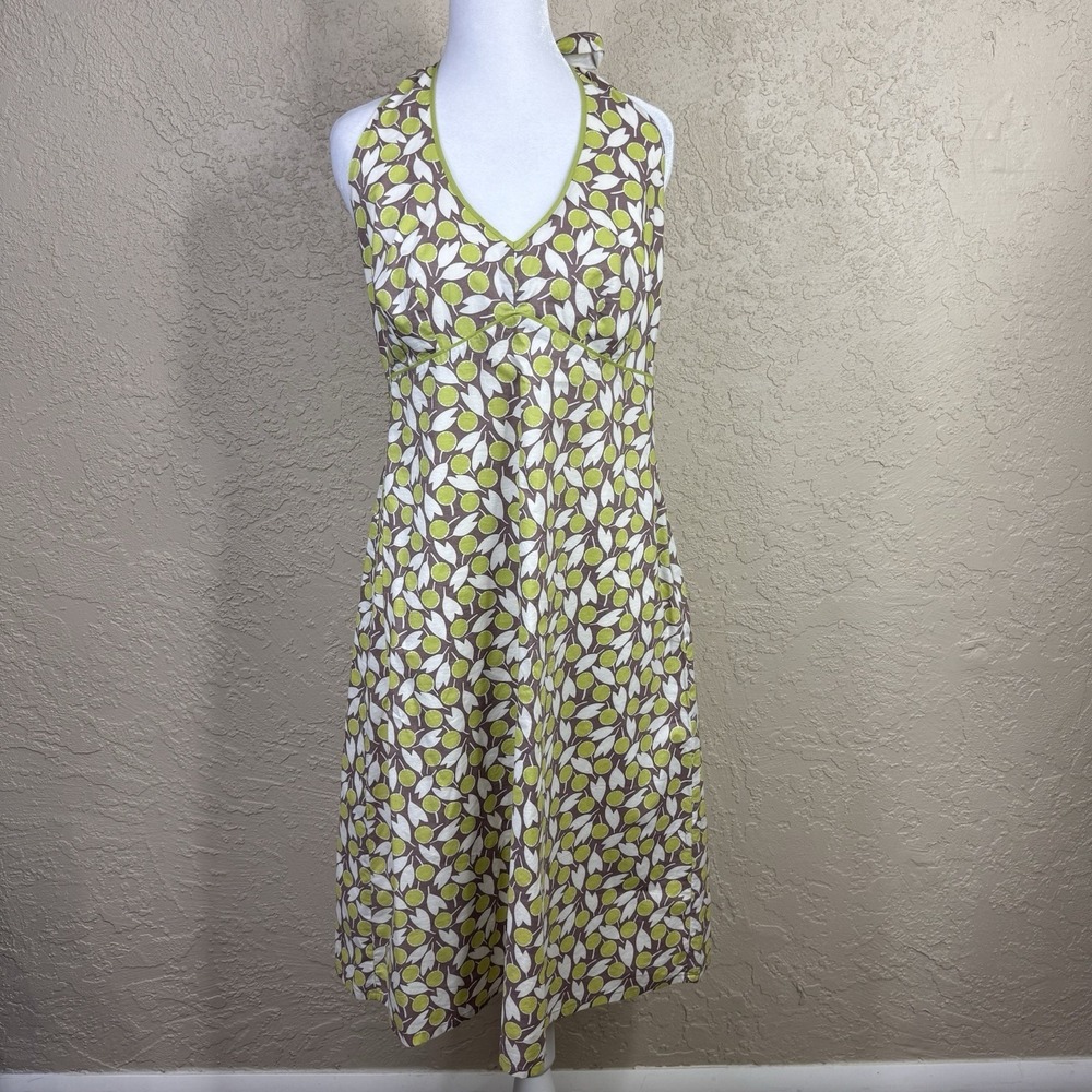 Boden Sleeveless Halter Sundress Sz 14 Retro Coquette Pastel Fruit Print Cotton